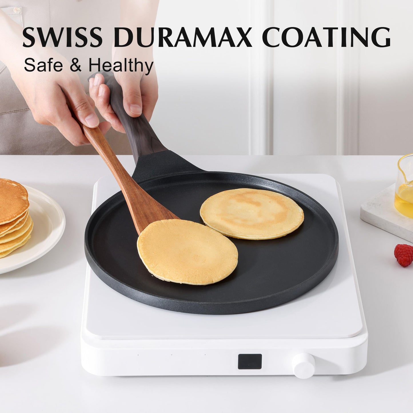 SENSARTE Nonstick Crepe Pan, Swiss Granite Coating Dosa Pan Pancake Flat Skillet Tawa Griddle 10-Inch with Stay-Cool Handle, Induction Compatible (Black)