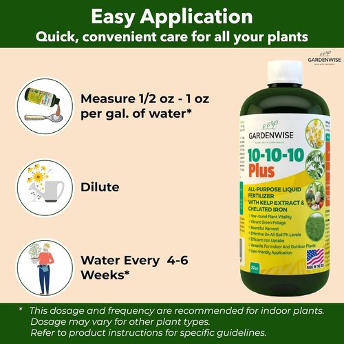 GardenWise 10-10-10 All-Purpose Plant Food - Liquid Fertilizer with Seaweed Kelp & Iron | 8oz for Indoor & Outdoor Use