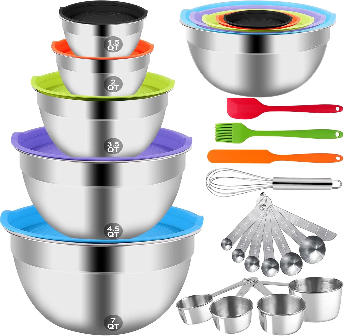 WEPSEN Mixing Bowls Set - 25PCS Stainless Steel Nesting Bowls with Lids & Kitchen Utensils for Baking and Cooking
