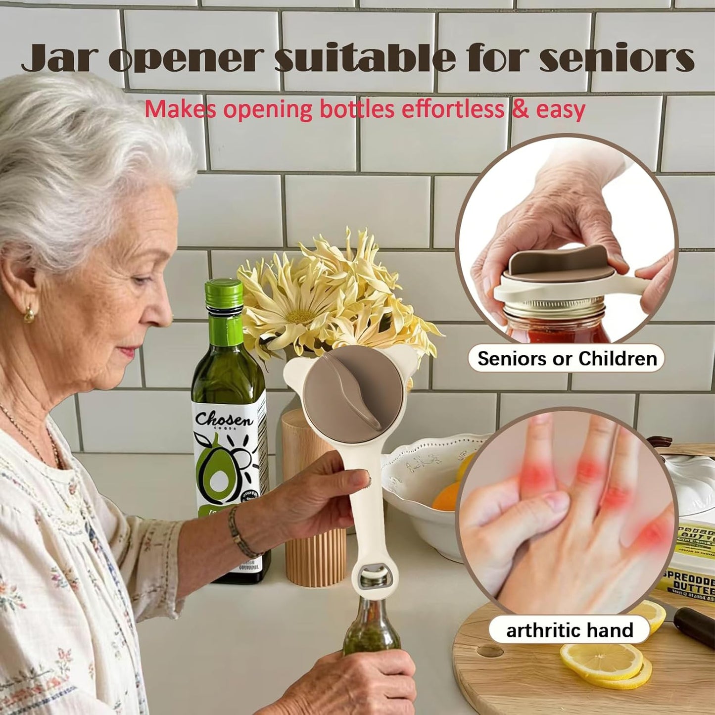 Skiennix Jar Opener - 4 in 1 Multi-Purpose Adjustable Stainless Steel Lid Remover for Seniors & Arthritis | Fits Jars, Bottles & Cans