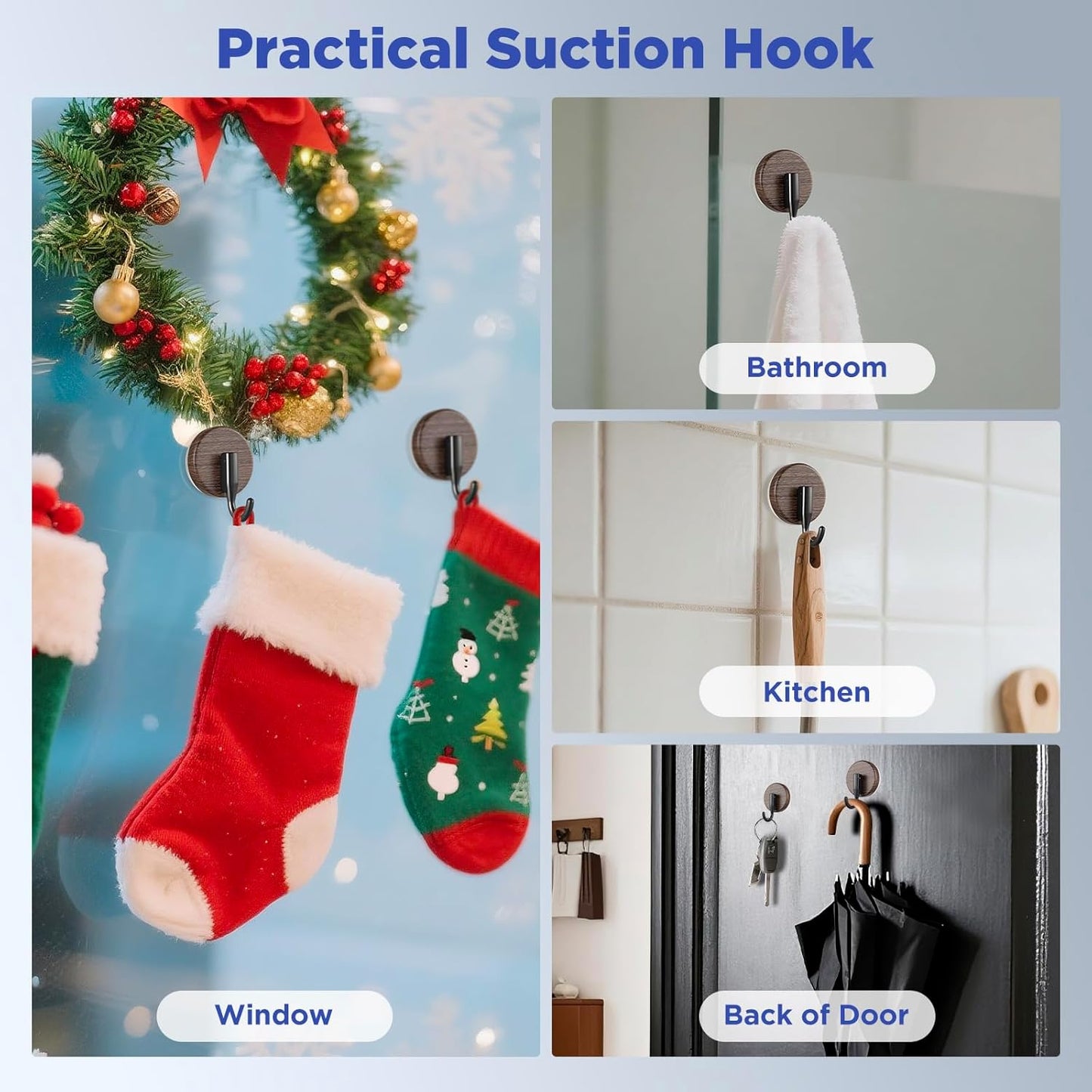 OUTXE Wreath Hanger - Upgraded Suction Cup Hook for Front Door & Windows | 4-Pack in Walnut
