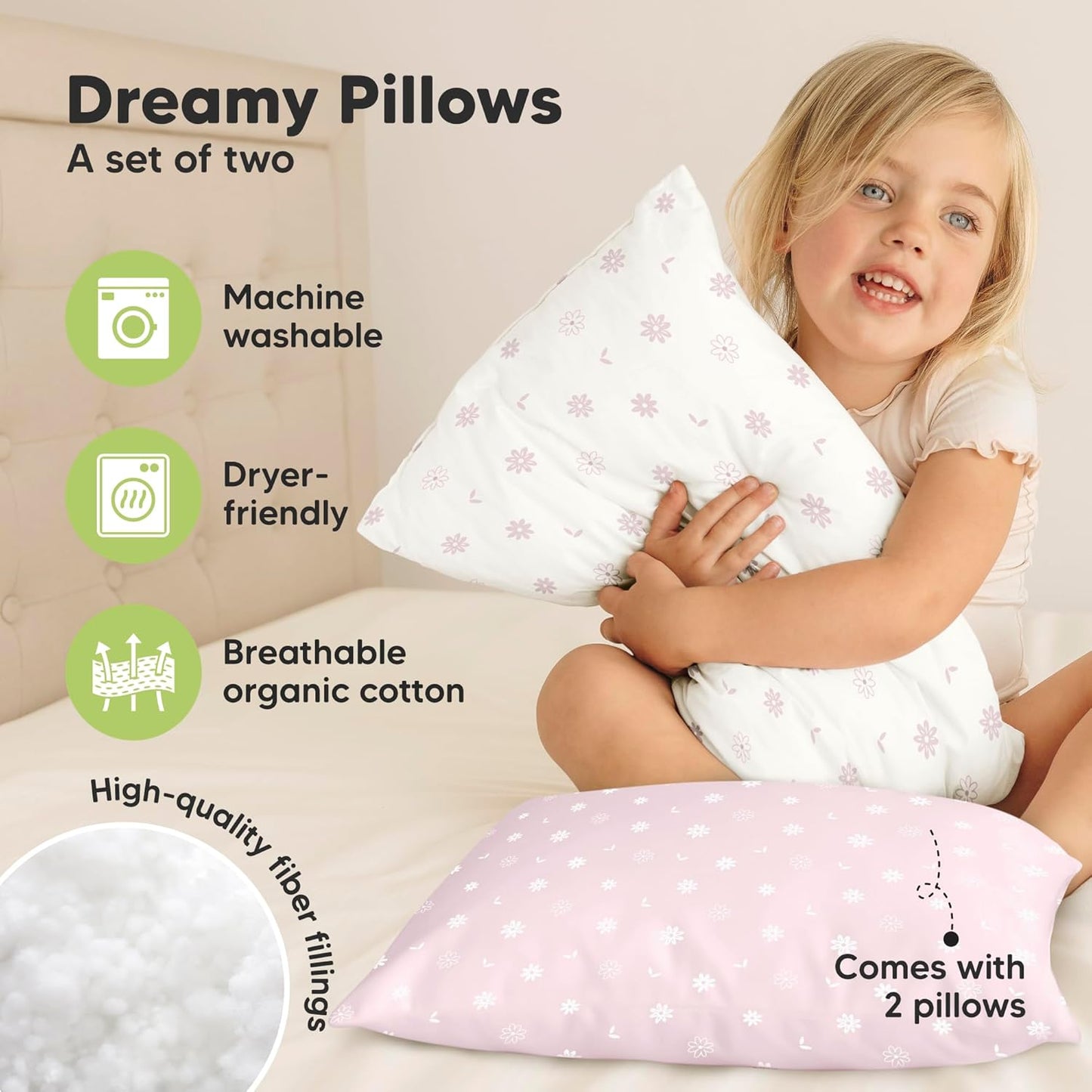 KeaBabies Toddler Pillows - Soft Organic Cotton 2-Pack for Ages 2-5 | Ideal for Sleeping, Travel & Daycare