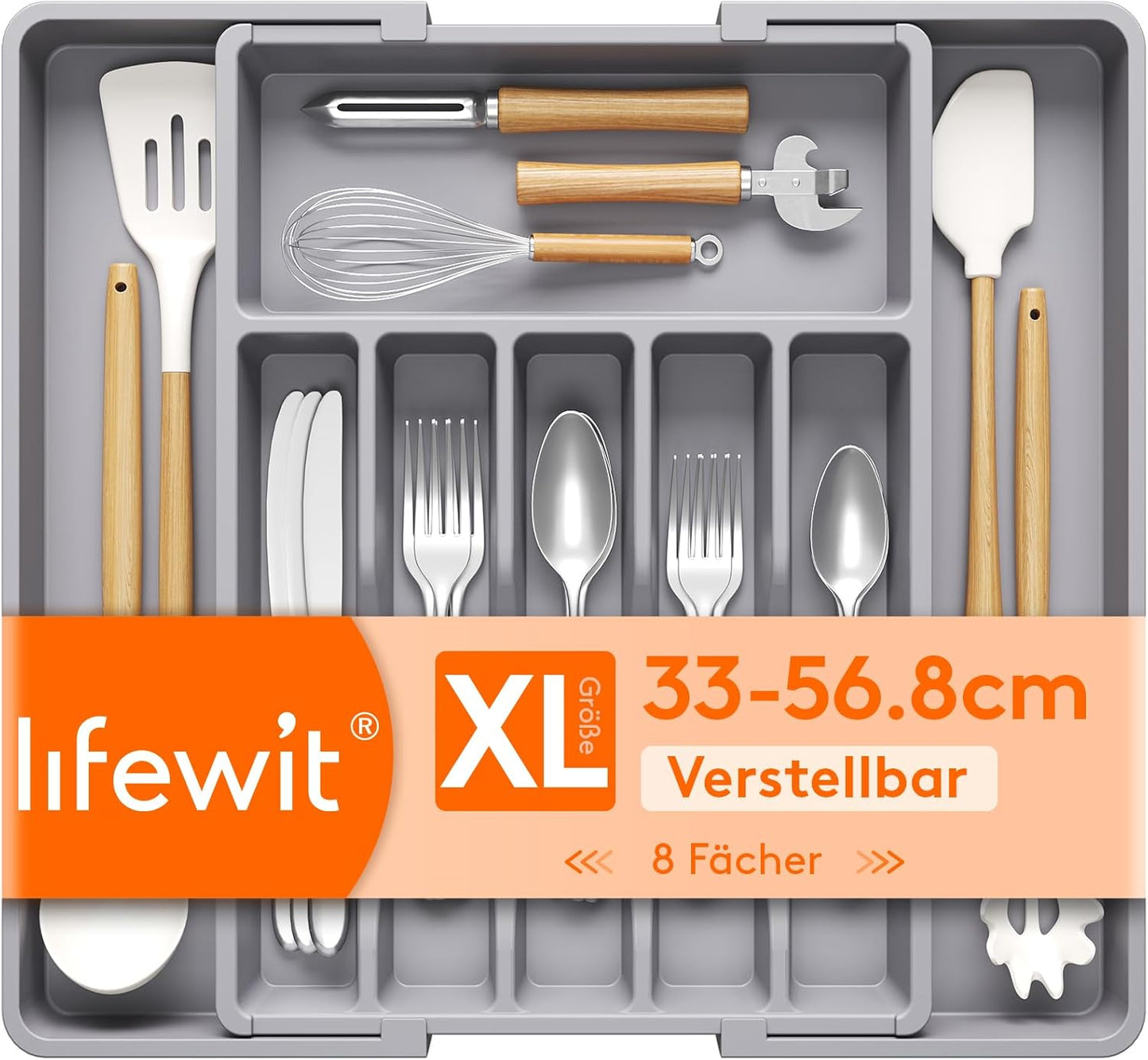 Lifewit Expandable Silverware Organizer - BPA-Free Utensil Tray for Kitchen | Adjustable Cutlery Holder, Gray (33-57 x 42cm)