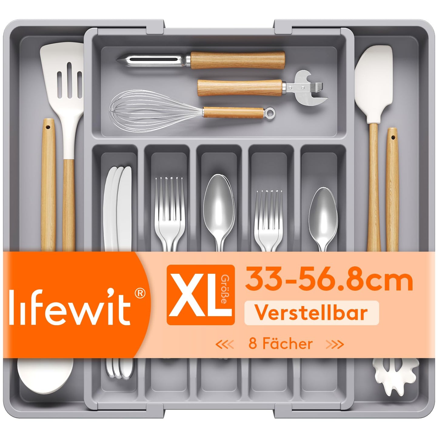 Lifewit Silverware Drawer Organizer, Expandable Utensil Tray for Kitchen, BPA Free Flatware and Cutlery Holder, Adjustable Plastic Storage for Spoons Forks Knives, 33 -57 x 42cm, Gray