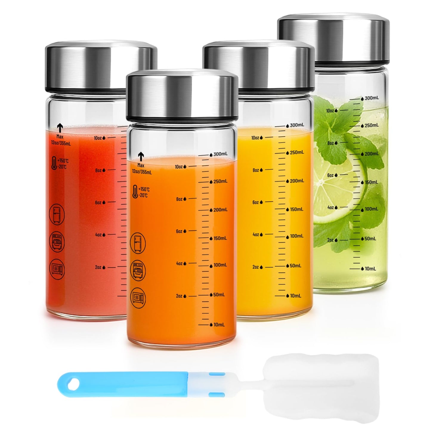 Luxfuel 12 oz Glass Juice Bottles with Lids, 4 Pack Wide Mouth Borosilicate Glass Bottles with Stainless Steel Lids, Heat-Resistant, Leakproof & Reusable for Juicing, Smoothies, Milk, Water, BPA-Free
