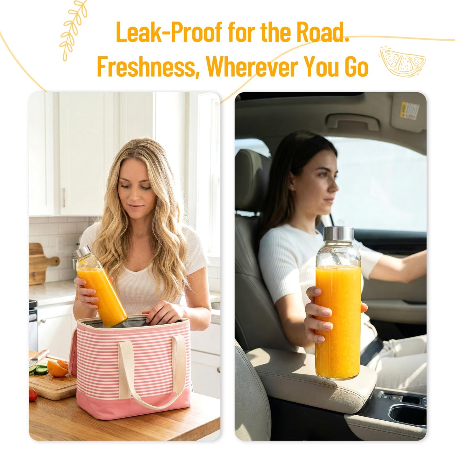 Luxfuel Clear Glass Bottles with Lids 18 oz, Reusable Glass Water Bottles with Stainless Steel Cap for Juicing,Refrigerator,100% Leak Proof, BPA Free