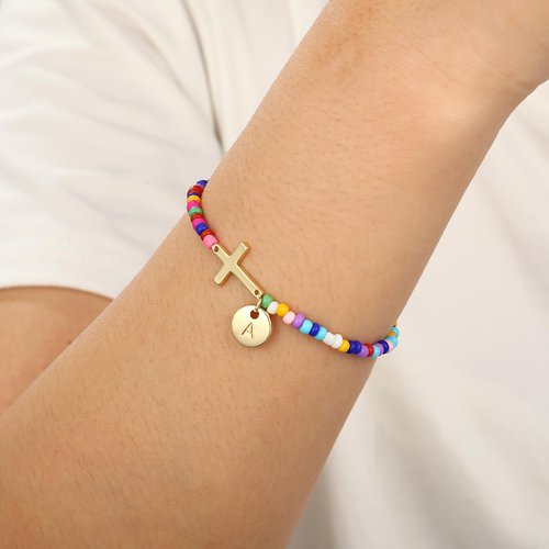 Gnamy Initial Letter A Cross Bracelet for Kids Tween Girls Trendy Stuff Colorful Beaded Bracelets First Communion Confirmation Baptism Christian Birthday Religious Jewelry Presents for Daughter Things