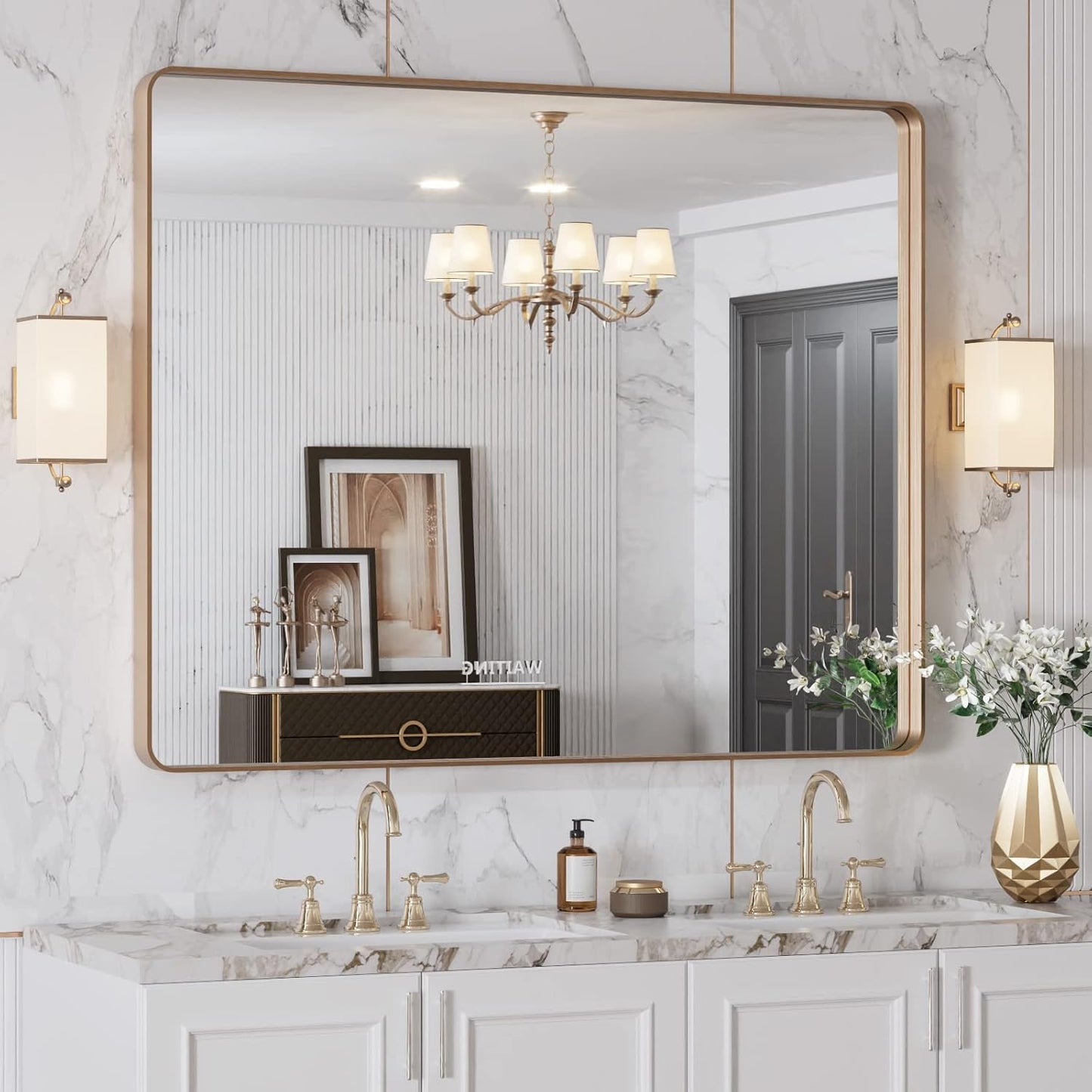 LOAAO Gold Bathroom Mirror - 40" X 32" Rounded Rectangle Design | Anti-Rust Tempered Glass, Wall-Mounted