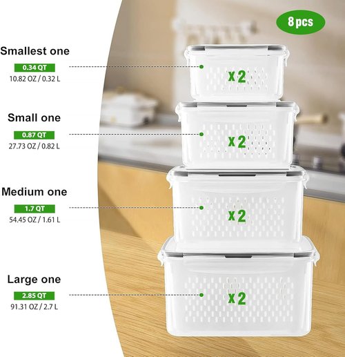 Freshmage Fruit Storage Containers - Airtight Produce Saver with Removable Colander | 8-Piece Set, Clear