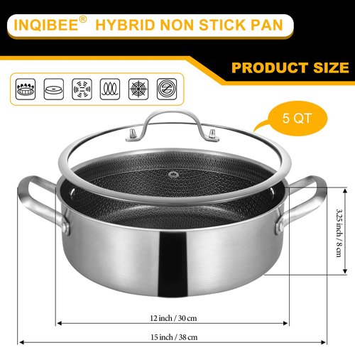 Inqibee 5 QT Hybrid Nonstick Saute Pan with Lid, Tri-Ply Stainless Steel 12 Inch Deep Frying Pan Cookware, PFOA & PFOS Free, Induction Compatible, All Cooktops, Oven & Dishwasher Safe