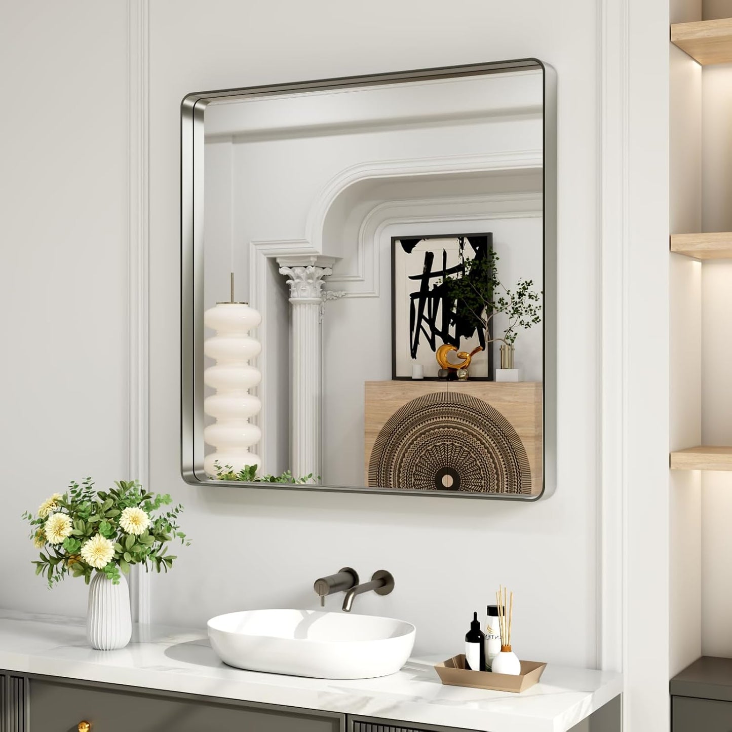 LOAAO Brushed Nickel Bathroom Mirror - 38x38 Inch Rounded Rectangle Design | Anti-Rust, Shatterproof, Versatile Hanging Options