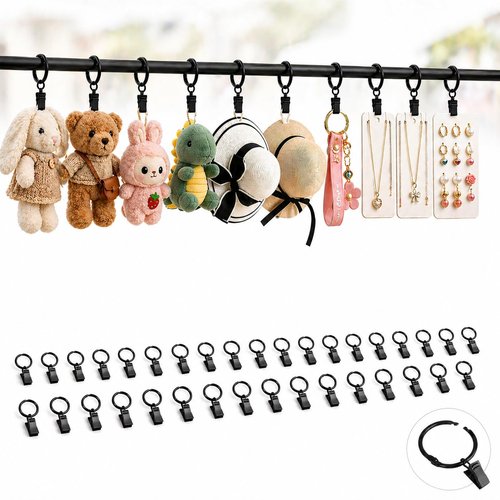Clip Stainless Steel Openable Circle Hooks Curtain Clips, 30 Pack Hanging Party Lights Hangers Gutter Photo Camping Tents, Art Craft Display, Garden Courtyards Decoration, 1.5 Inch Black
