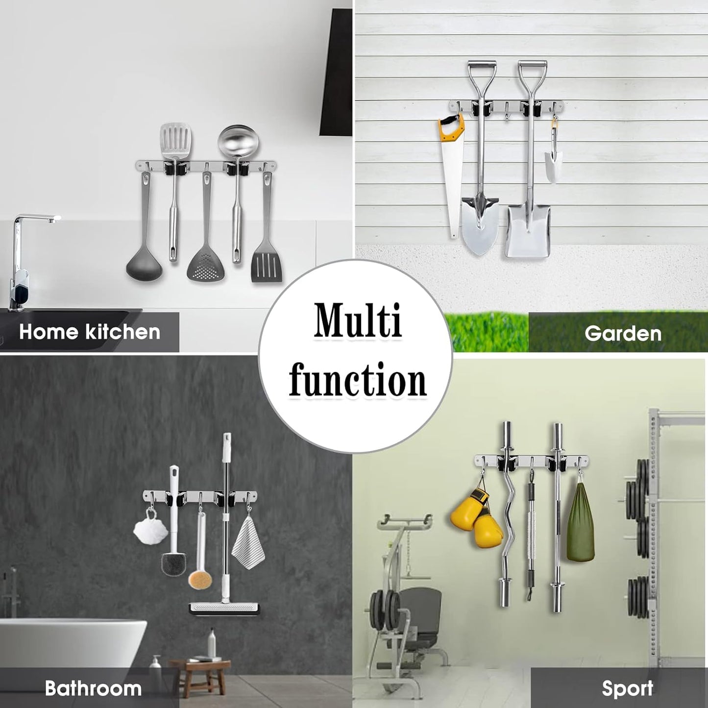 Skiennix Wall-Mounted Broom and Mop Holder - Heavy-Duty Stainless Steel Organizer with 2 Racks & 3 Hooks | Non-Slip Design for Home & Garage