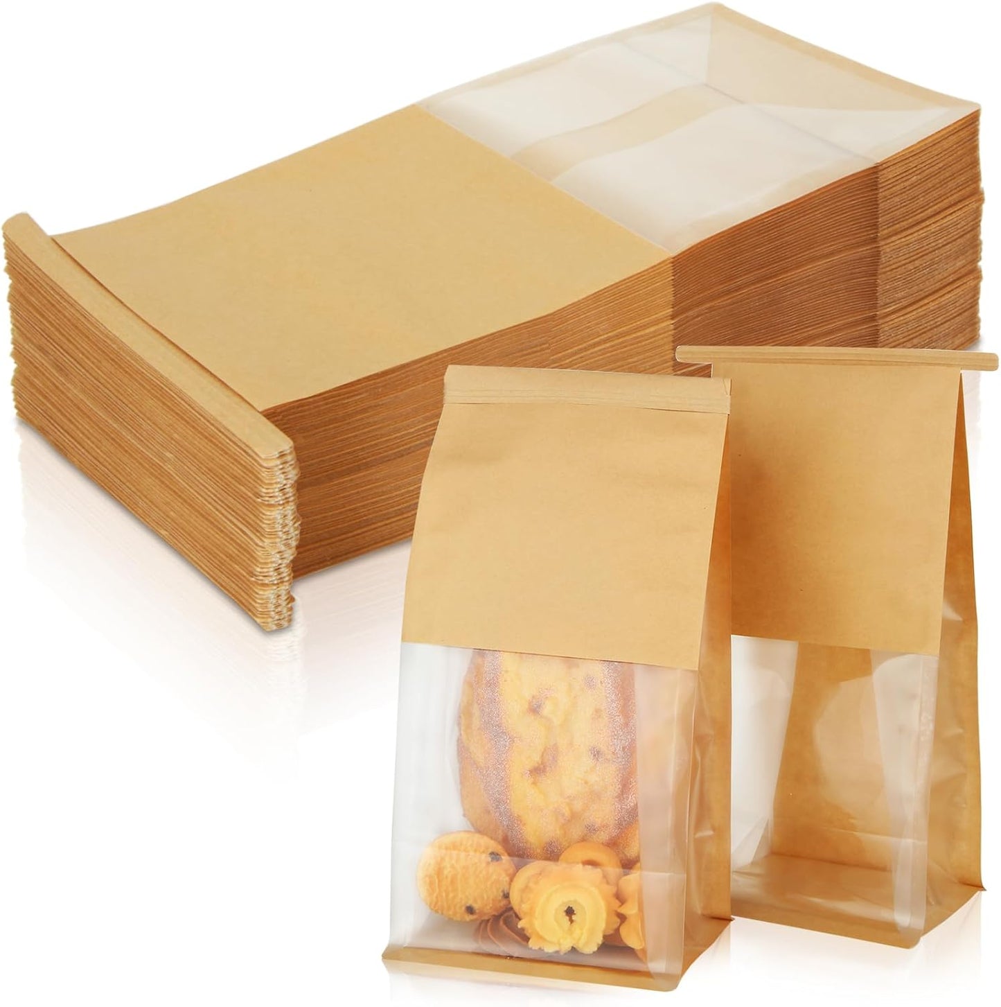 Skiennix Bakery Bags - 150PCS Brown Kraft Paper Cookie Bags with Window | 5.1 x 4.3 x 11.2 Inch for Gifts & Favors