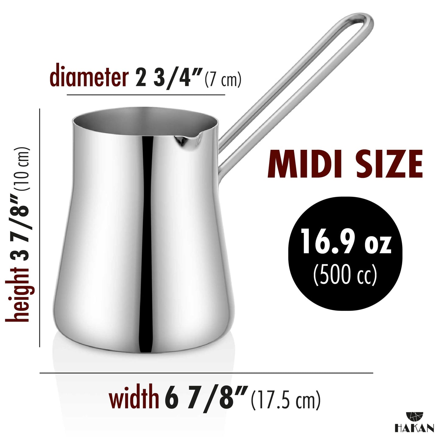 Hakan Turkish Coffee Pot, Greek Arabic Coffee Cezve, Stainless Steel Stove Top Milk Warmer, Chocolate Melting Pot with Spout, Chai Pot, Ibrik, Briki | 16.9 oz. (500 cc)