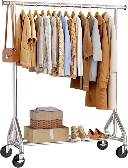 HYSEYY Rolling Clothes Rack - Sturdy Metal Garment Rack with Wheels | 350 LBS Capacity, Silver, Large