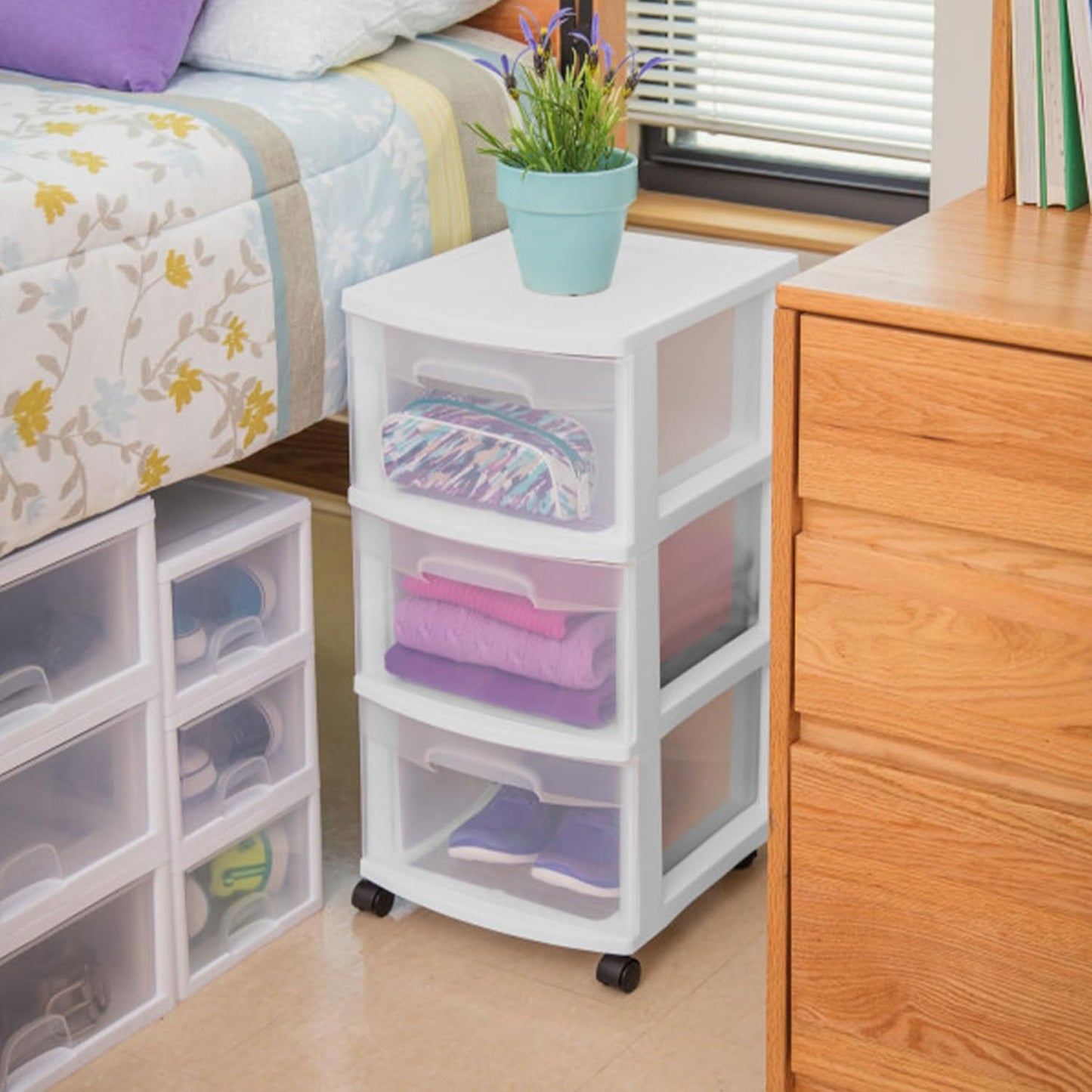 Sterilite 4 Pack Rolling Bin Cart - 3 Drawer Plastic Storage Organizer for Closet - White