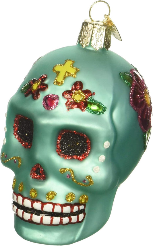 Handcrafted Day of the Dead Sugar Skull Glass Ornament - Unique Christmas Tree Decoration