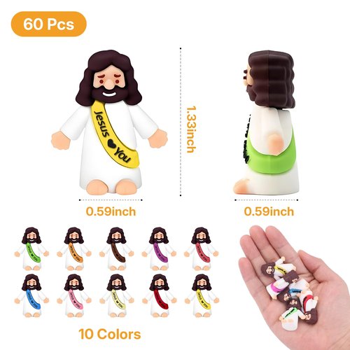 EWOID 60 Pcs Little Jesus Figures, Multicolor Mini Jesus Loves You Figures in Bulk, for Religious Party Favors, Baptism Gifts, Sunday School, Easter Egg Stuffers