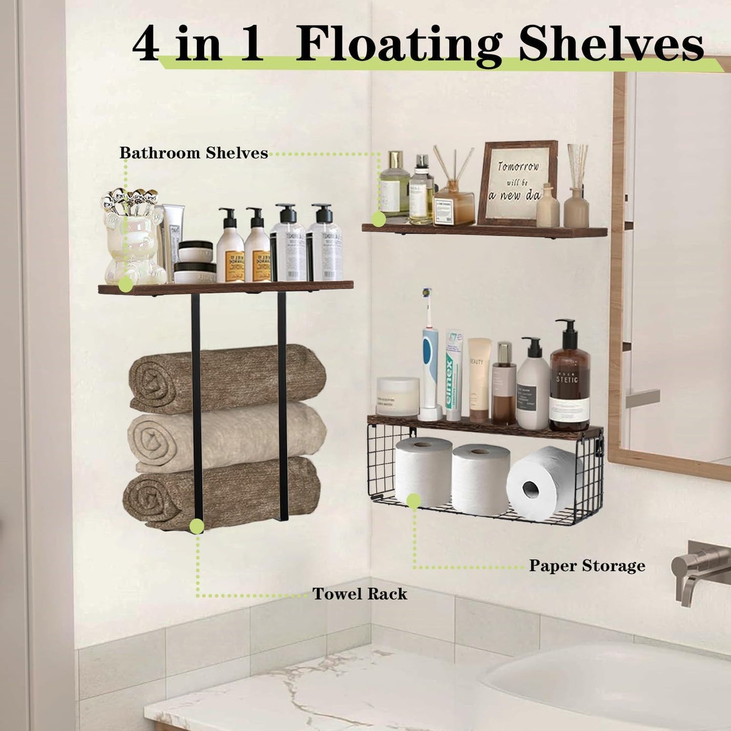 Skiennix Floating Shelves - Wall Mounted Bathroom Organizer with Storage Basket & Towel Rack | Dark Brown, Set of 4, 16 in