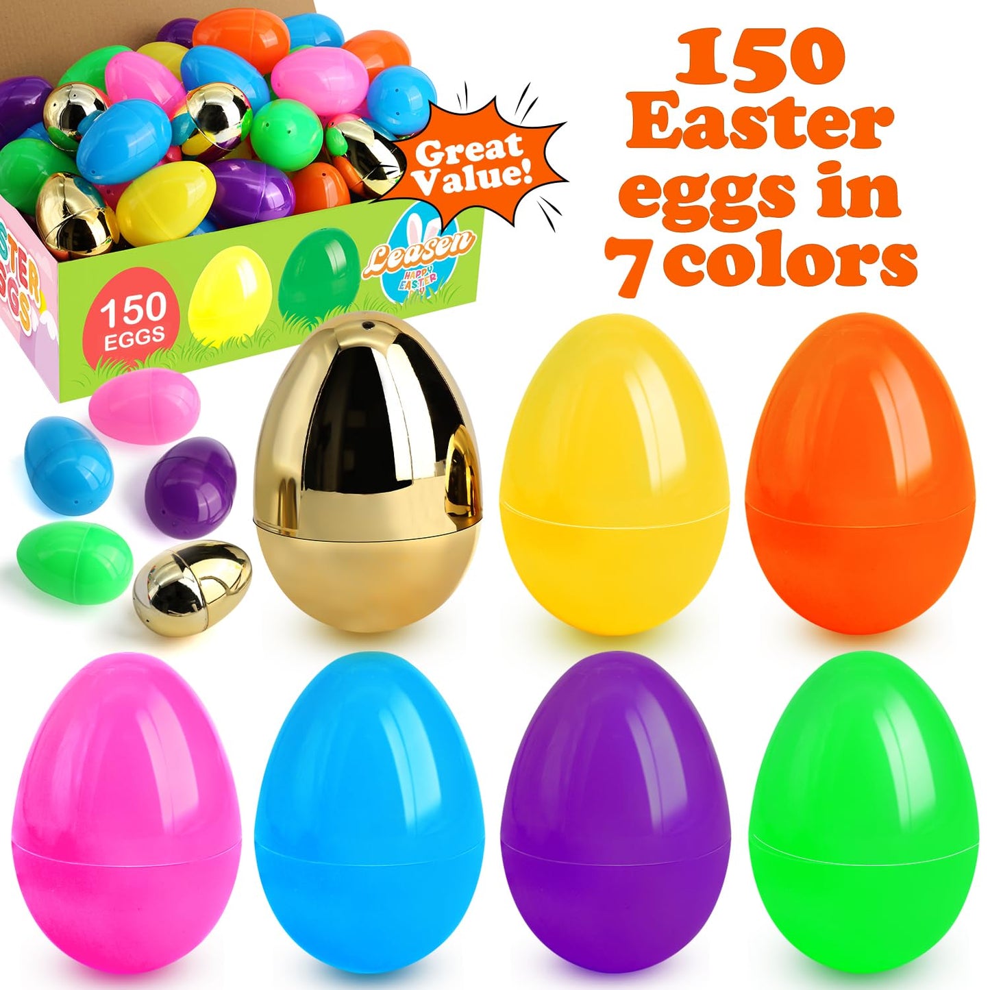 LEASEN [ 6 Surprise Golden Eggs ] 150 Pack 3 Inch Large Plastic Easter Eggs, Bright Colors Eggs Bulks Empty Easter Eggs Fillable for Easter Hunt, Easter Party Favor, Basket Stuffers Fillers