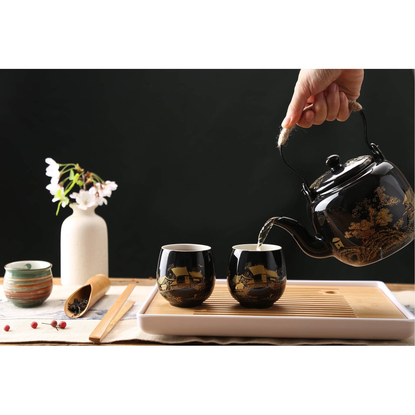 Dujust Japanese Tea Set, Black Porcelain Tea Set with 1 Teapot Set, 6 Tea Cups, 1 Tea Tray, 1 Stainless Infuser, Beautiful Asian Tea Sets for Adults, Tea Lover/Women/Men (Countryside in Golden)