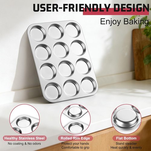 E-far Stainless Steel Muffin Top Pan - 12-Cavity Non-Toxic Bakeware for Yorkshire Pudding & More
