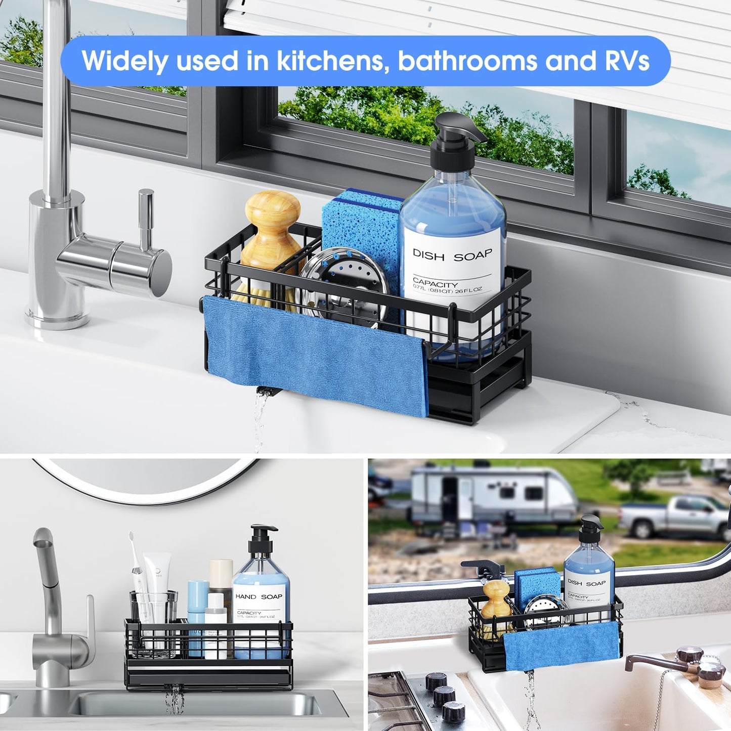 Rustproof Kitchen Sink Sponge Holder - Non-Slip Self-Draining Metal Caddy with Detachable Dish Cloth Holder | Black