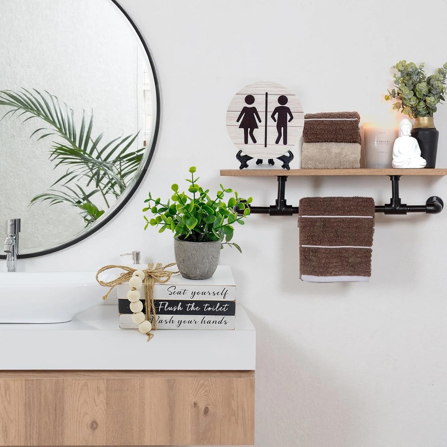 Skiennix Bathroom Shelf Decor - Funny Wooden Signs with 3D Round Design & Fake Plants | Restroom Shelf Accent
