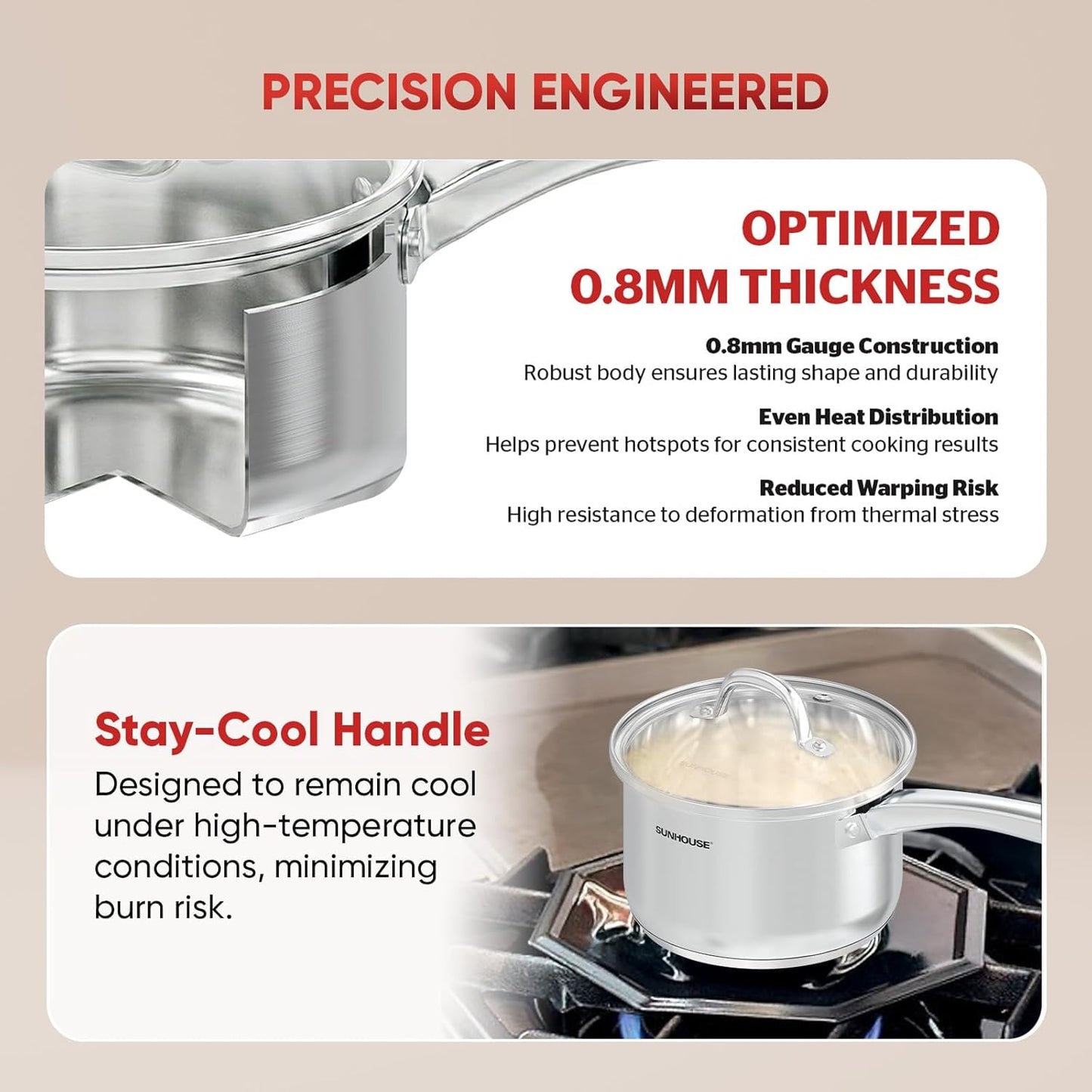 SUNHOUSE - 2-Quart Stainless Steel Sauce Pan with Lid | PFOA-Free, Induction Base, Stay-Cool Handle