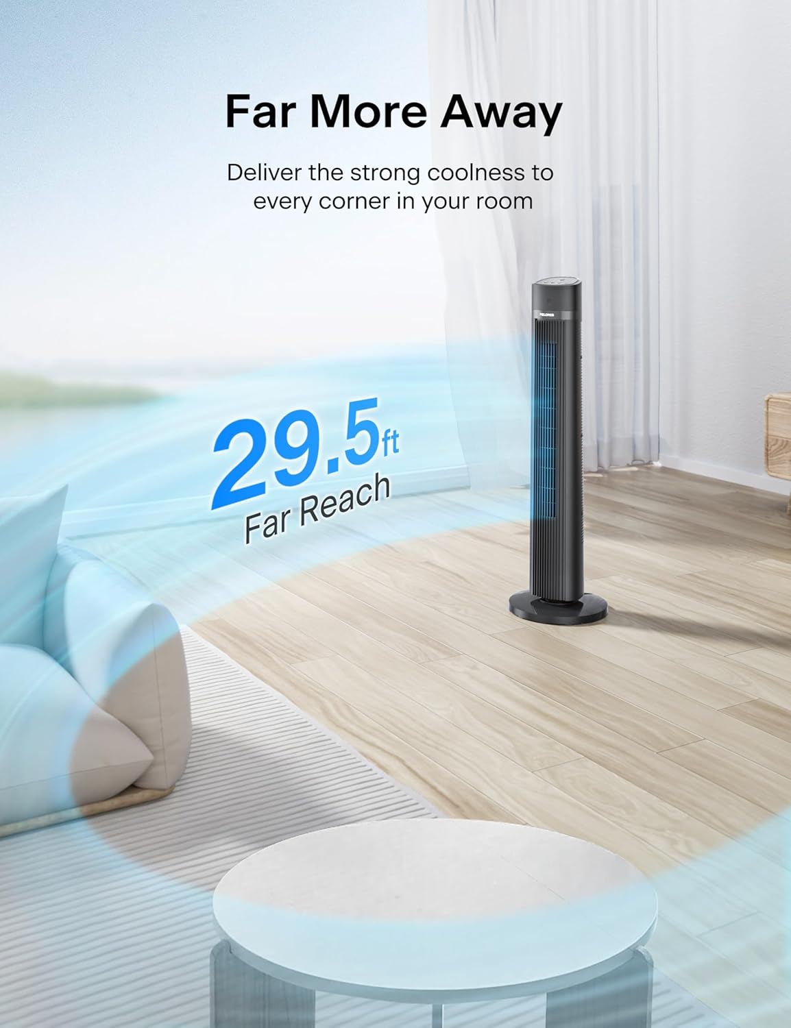 PELONIS Bladeless Tower Fan - 40 Inch Standing Fan with Remote, 90° Oscillation, 3 Speed Modes, Grey