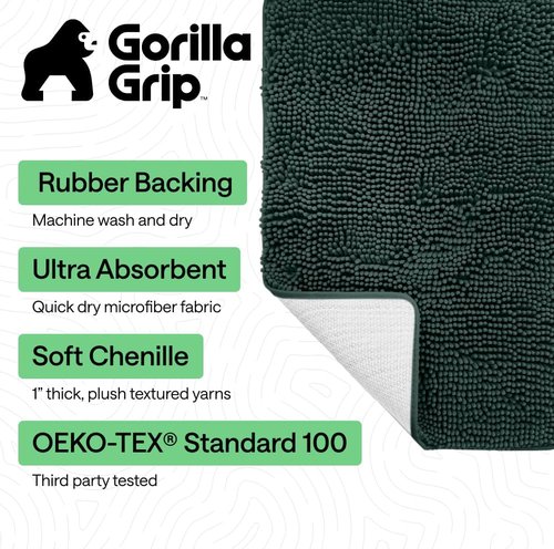 GORILLA GRIP Bath Rug Mat - Soft Absorbent Chenille | Quick Dry Microfiber, 30x20, Hunter Green