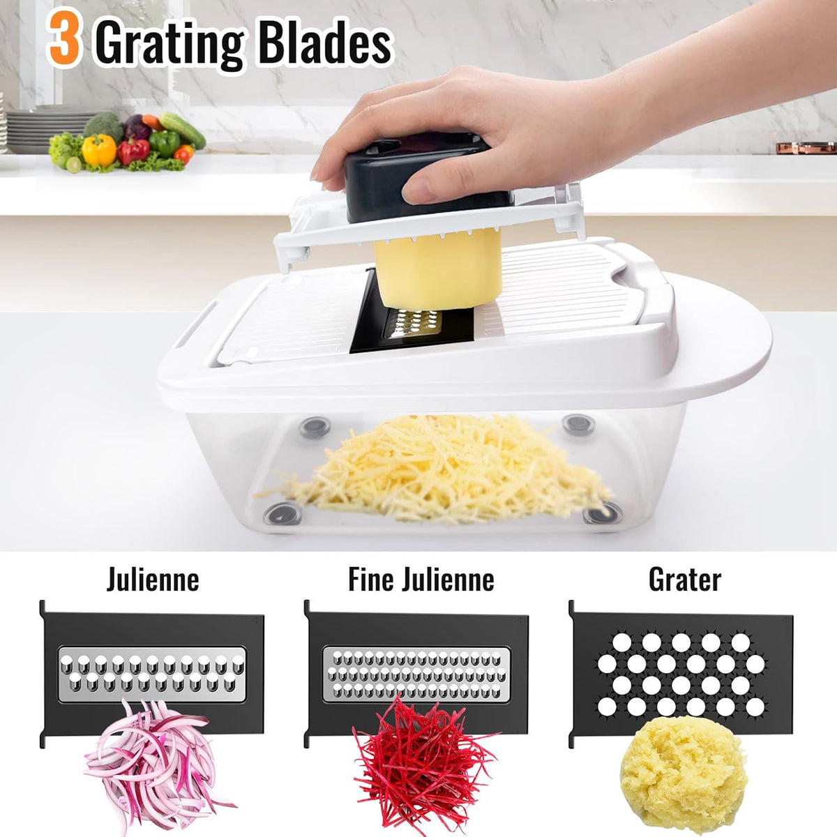 Skiennix 8-Blade Vegetable Chopper - All-in-One Mandoline Slicer with Container | White Kitchen Gadget
