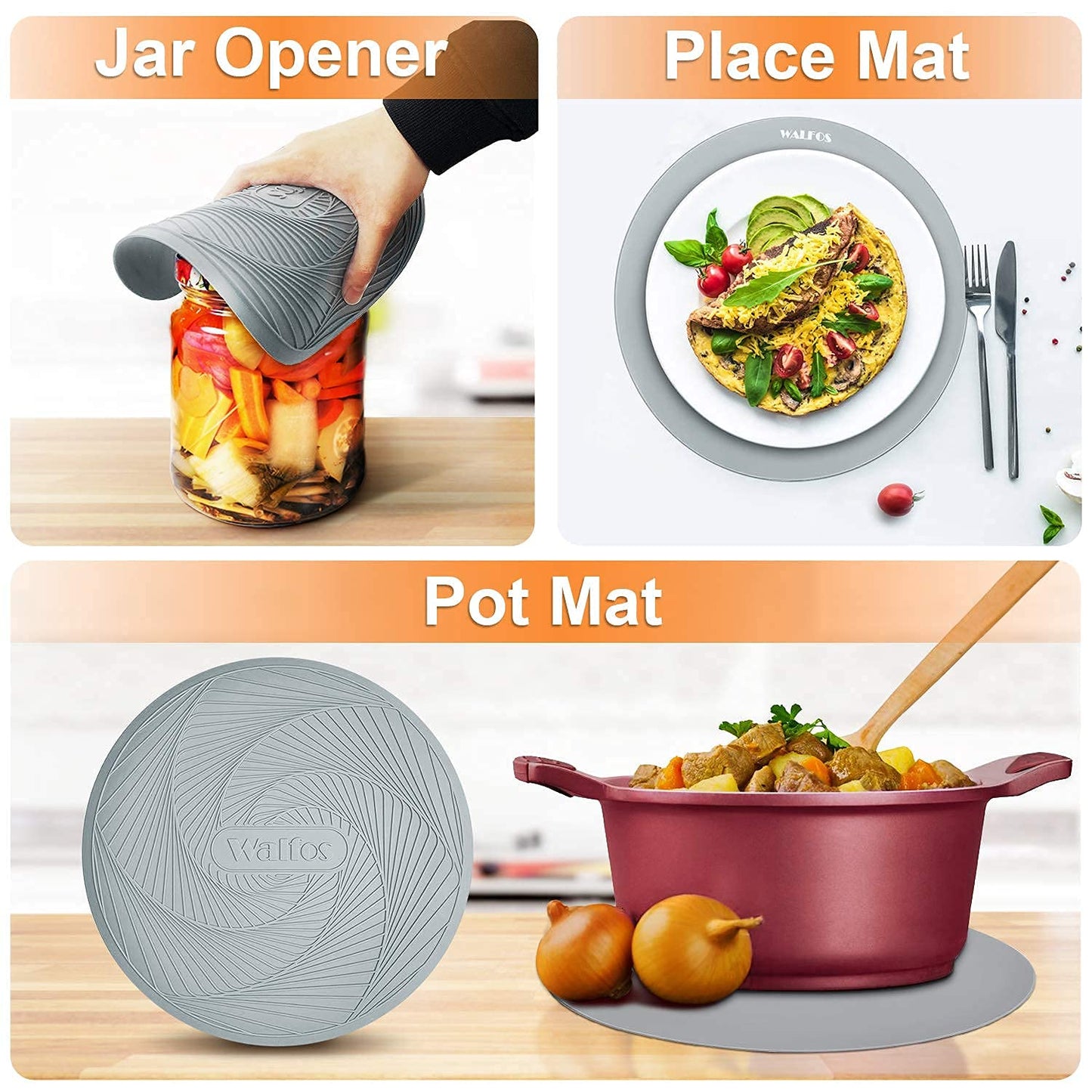 Walfos Silicone Microwave Mats, Heat Resistant Multi-Purpose Microwave Trivet Mat, Non-Slip Hot Pads, BPA Free Silicone Mats for Microwave, Oven, Hot Pan, Pot (Grey)