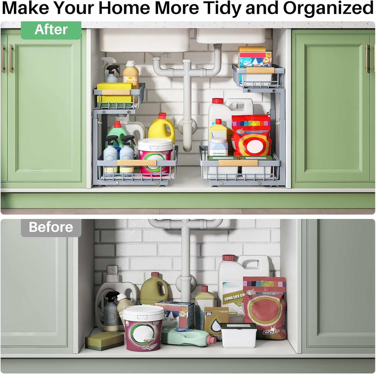 Kitstorack Under Sink Organizer - 2-Tier Metal Storage Rack with Pull-Out Drawers | Grey, 2 Pack