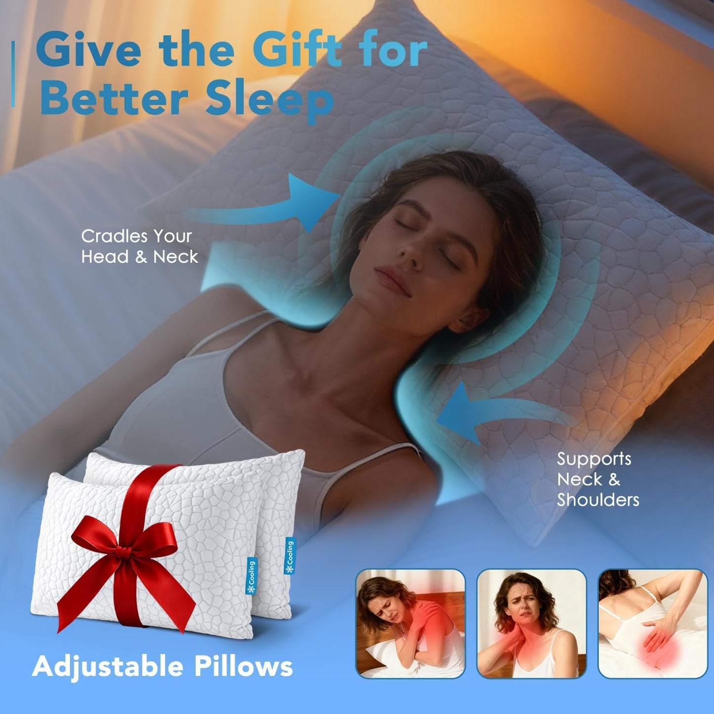 QUTOOL Cooling Pillow - CertiPUR-US Shredded Memory Foam | Adjustable Firmness for All Sleep Positions - Set of 2, White