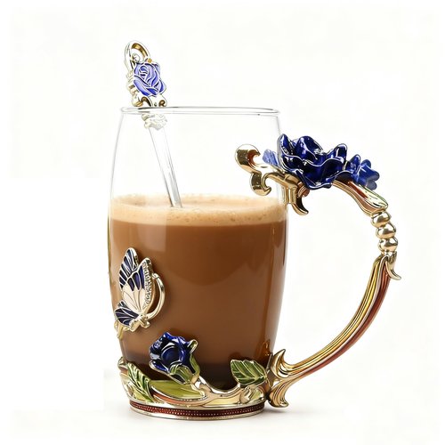 Gifts for Mom Women Unique Blue Tea Mug With Spoon Set & Flower Decoration - Top Birthday Christmas Gifts For Women Mom Who Has Everything