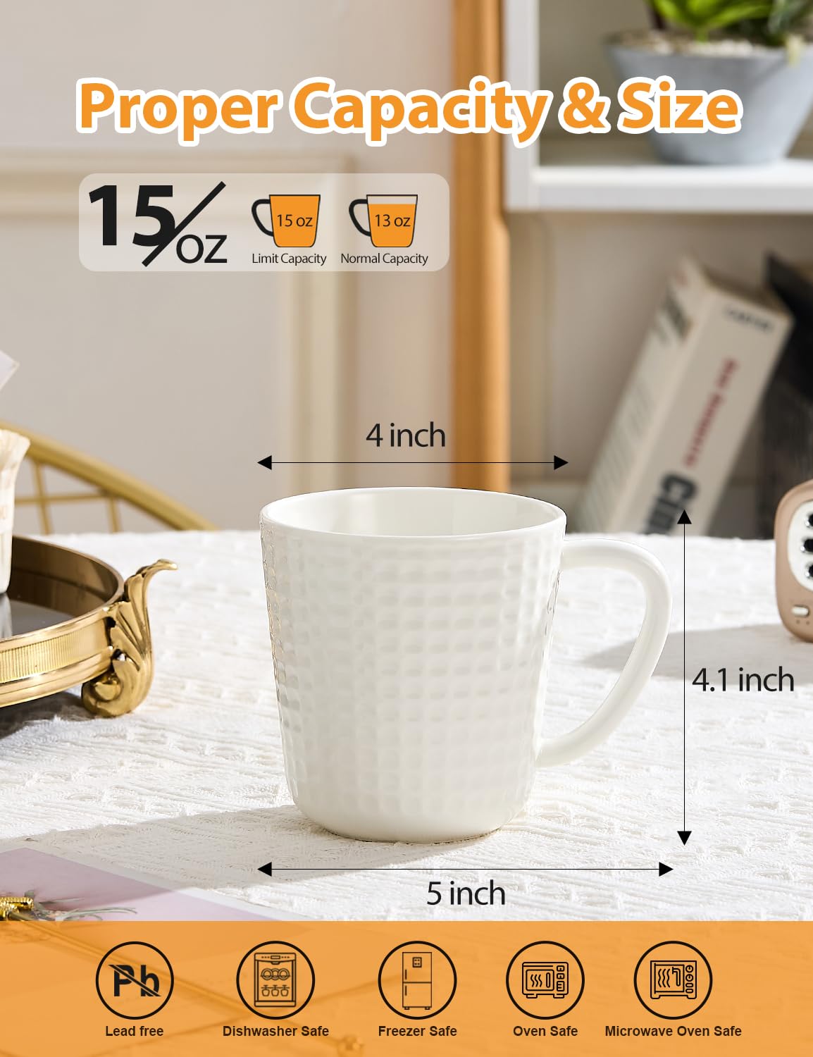 14oz Ceramic Coffee Mugs Set of 4 - Embossed Grid Texture Coffee Cups -Modern Minimalist Coffee Mug for Latte, Cappuccino & Cocoa - Dishwasher & Microwave Safe - Ideal Mother's Day & Wedding Gift