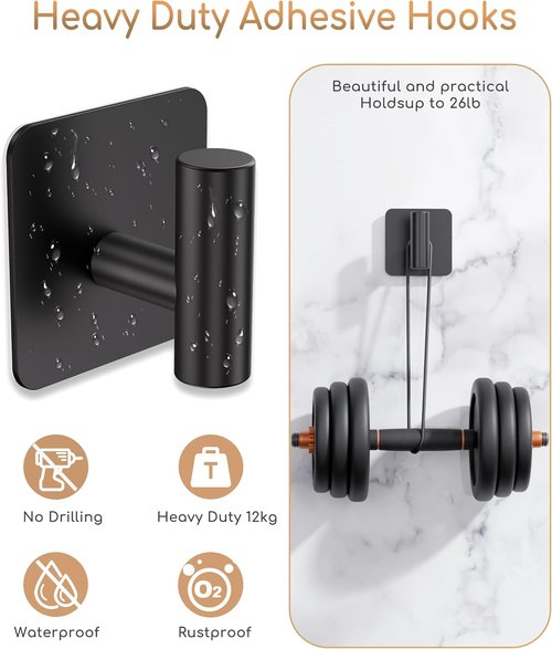 Aikzik 4 Pack Heavy Duty Wall Hooks - 26lb Max Stainless Steel Adhesive Towel & Coat Hooks | Matte Black