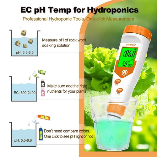 Hydroponics EC pH Tester, Simultaneous Display pH ppm for Base Reservoir Water, Continuous Monitoring of pH Conductivity Temp. ppm for Growing Nutrients, Indoor DWC System, Aeroponic Garden
