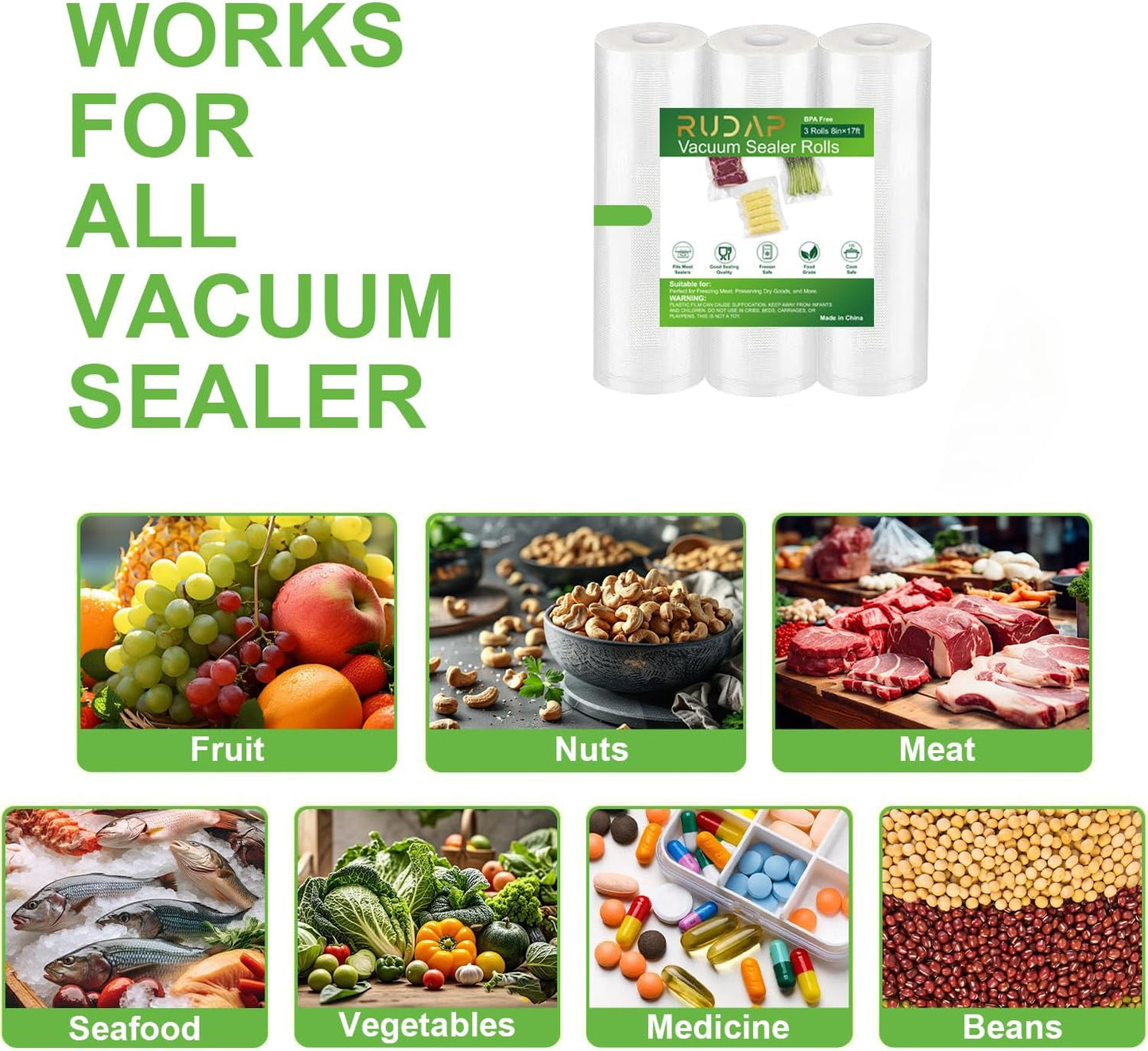 Skiennix Vacuum Sealer Bags - Heavy Duty BPA-Free 3 Rolls 8" x 16' for Food Storage & Meal Prep