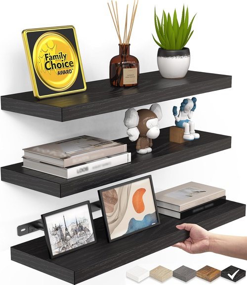 BAYKA Floating Wall Shelves - Rustic Wood Design for Bathroom, Bedroom & Living Room | Set of 3 (Black, 15.7in)
