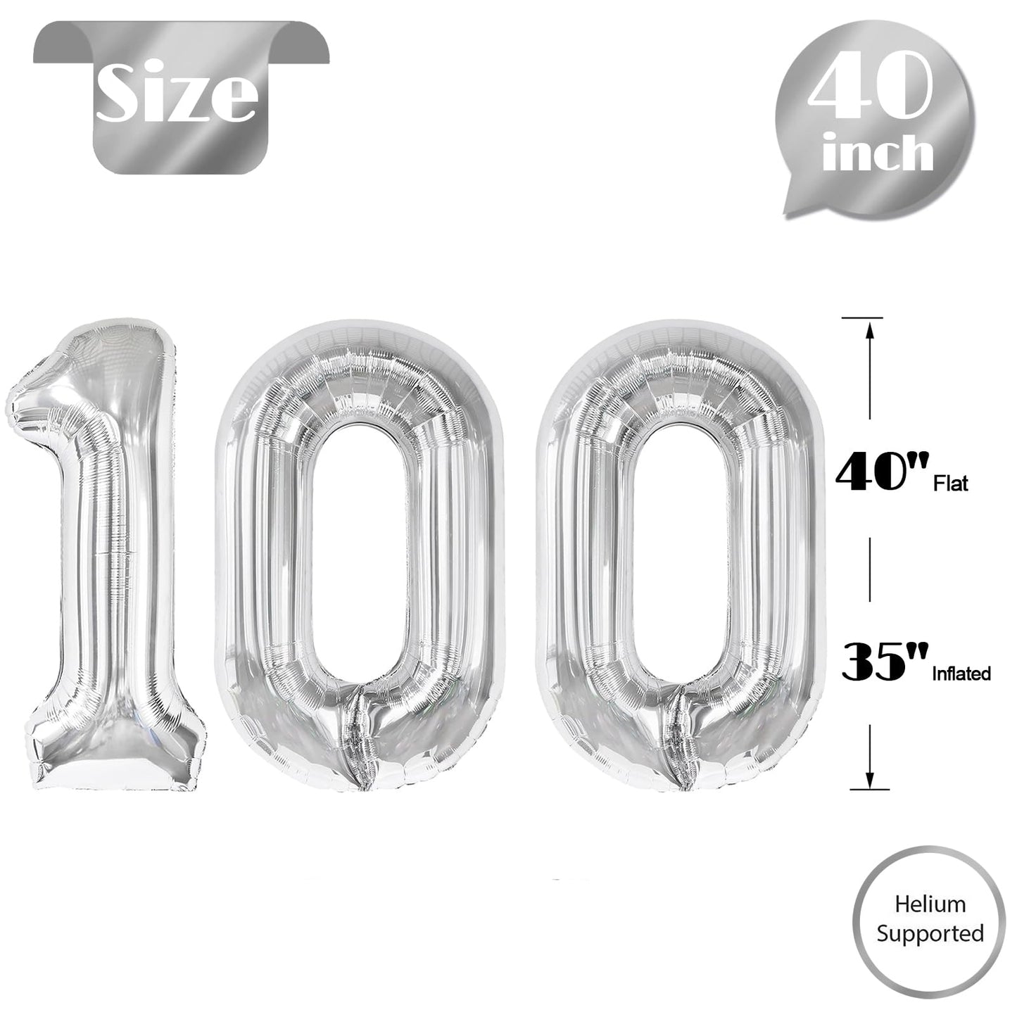 Silver Number 100 Balloon 40 inch, 100 Number Balloons, 100th Silver Birthday Decorations for Girls Boys Kids, 100 Year Old Women Men Party Supplies