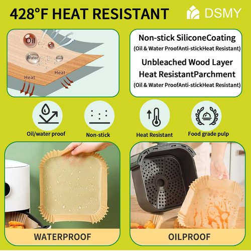 DSMY 200 PCS Air Fryer Disposable Paper Liners,8 Inch Square Parchment Disposable Paper Liner for 5-8QT Air Fryer,Baking, Roasting and Microwave, Non-Stick Airfryer Accessories