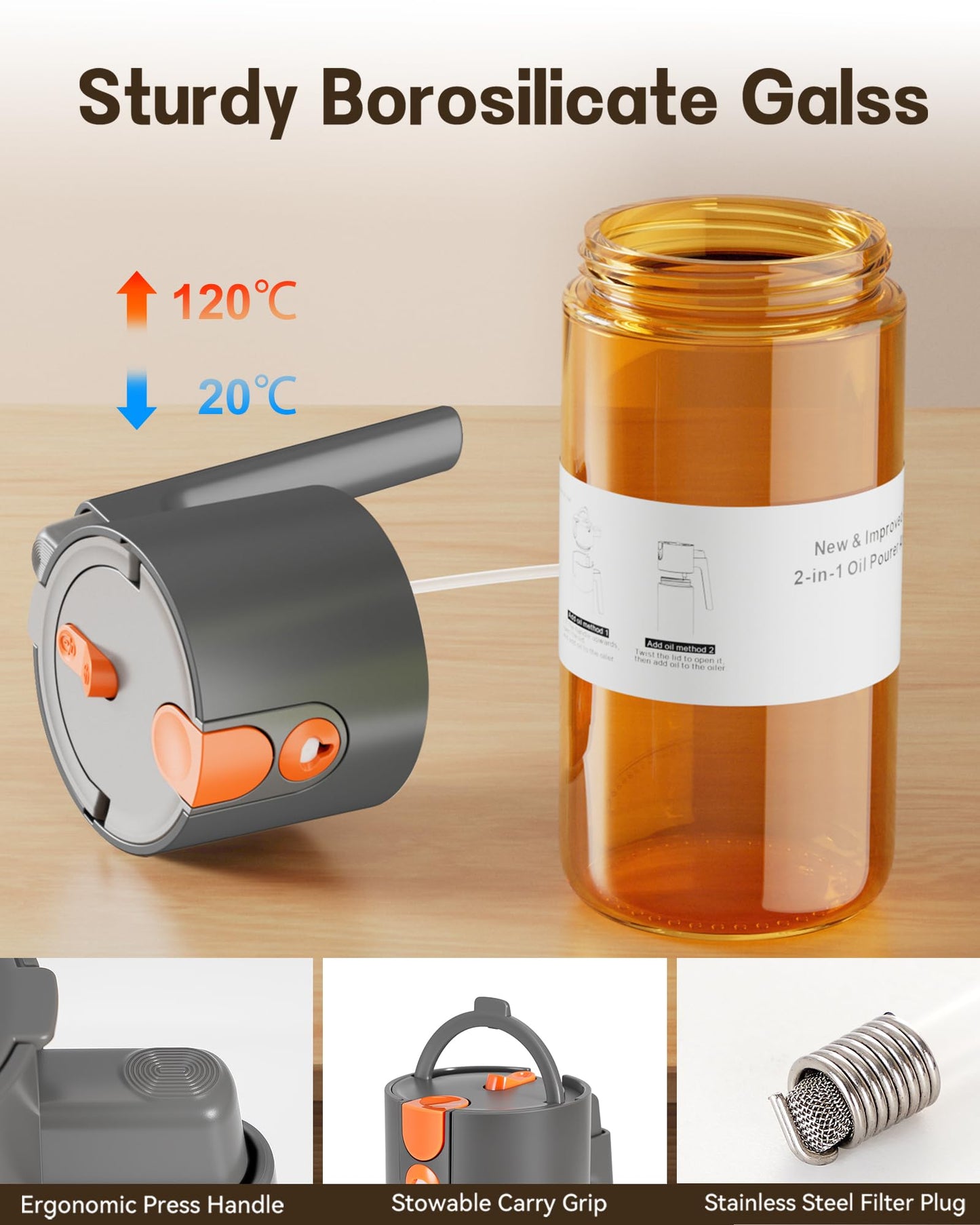 OURCABECUE Upgrade 2 in 1 Oil Sprayer for Cooking, 17oz Light-Blocking Glass Olive Oil Dispenser Bottle for Kitchen,Food-Grade Oil Mister with 8 Stickers for Salad, Frying (Grey)