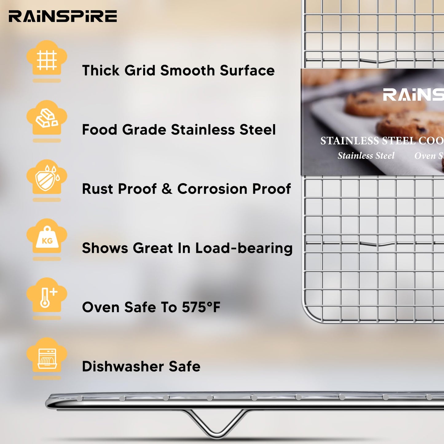 Rainspire Cooling Rack Stainless Steel, Heavy Duty Cooling Racks for Cooking and Baking, Oven Safe Wire Rack for Cooking, Baking Rack for Oven Cooking Fits Quarter Sheet Pan (1, 8.5" x 12")
