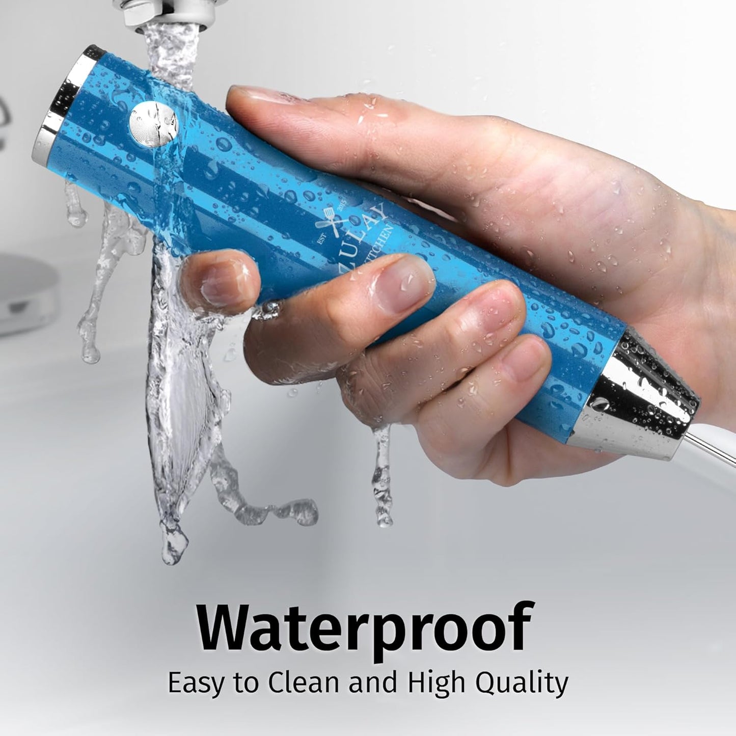 Zulay Kitchen Rechargeable Milk Frother - Powerful 2-Speed Motor, Waterproof, 2000mAh Battery | Metallic Blue Drink Mixer for Lattes, Cappuccinos, Matcha & Protein Powder