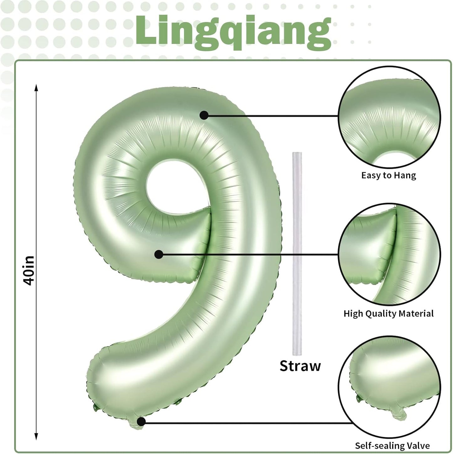 Skiennix 40'' Sage Green Number 9 Balloon - Self-Inflating Foil for 9th Birthday & Jungle Safari Decor