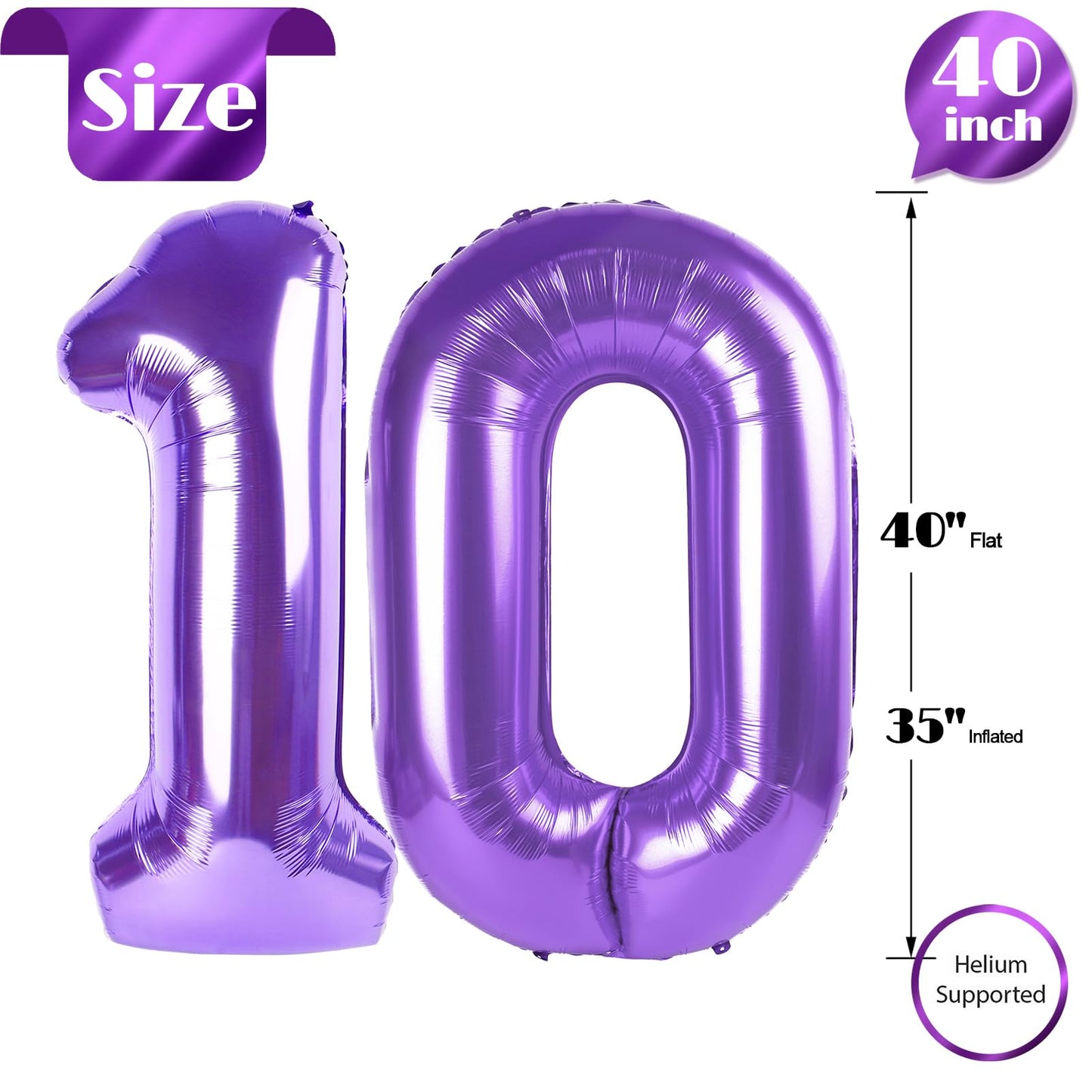Purple Number 10 Balloon 40 Inch, 10th Birthday Party Decorations for Children, Giant 10 Foil Balloon for Party Supplies