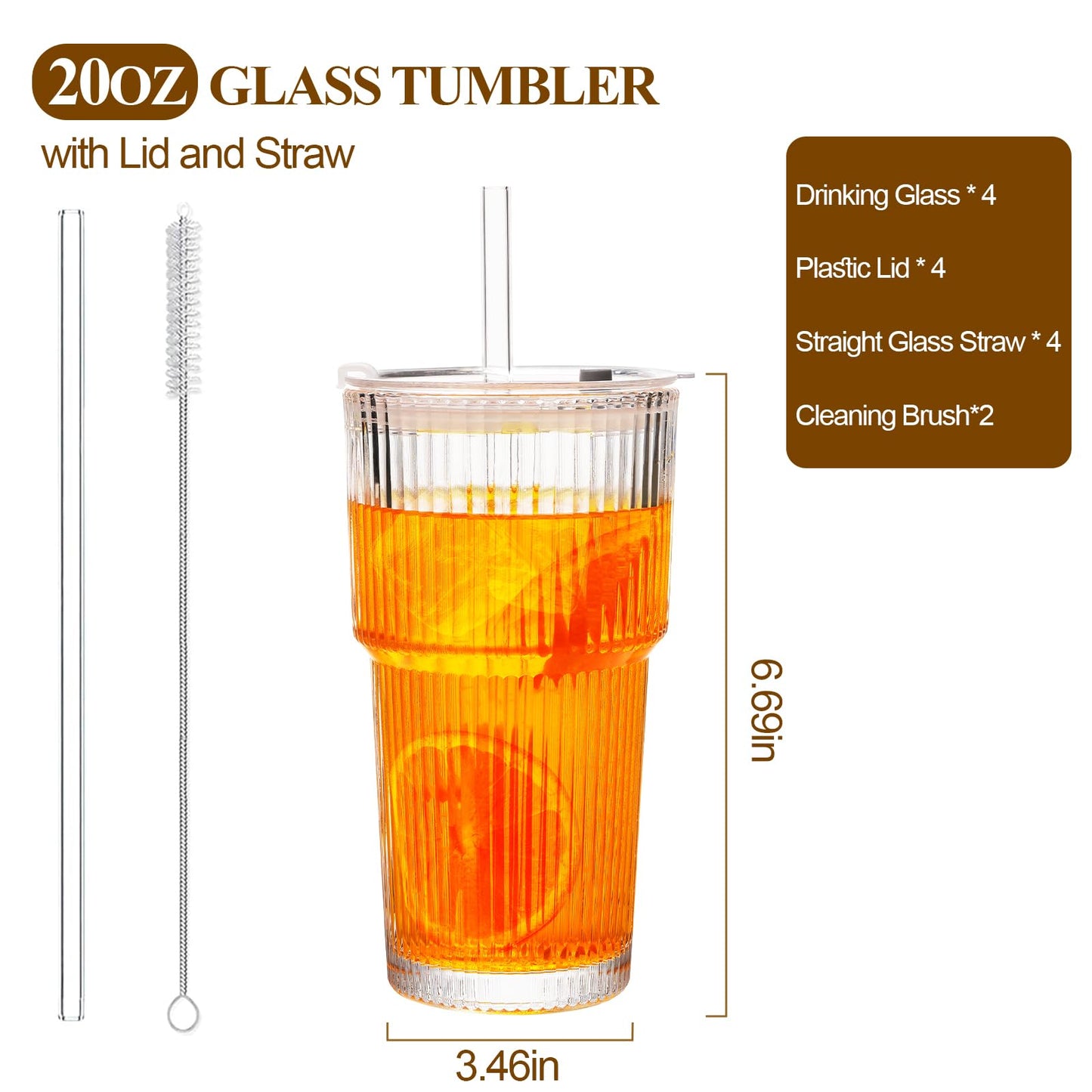 LUXULISH 20Oz Ribbed Glass Tumblers with Lids and Straws, Vintage Glass Cups Thickened Drinking Glasses Set of 4, Ideal for Iced Coffee, Smoothies, Cocktails, Matcha and Juices